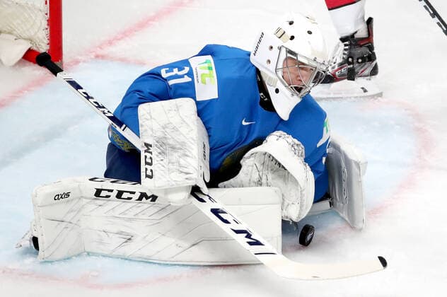 RIGA, LATVIA â€“ MAY 28, 2021: Kazakhstan s goaltender Andrei Shutov in action in their 2021 IIHF Ice hockey, Eishockey World Championship, WM, Weltmeisterschaft Preliminary Round Group B match against Canada, at the Arena Riga. Natalia Fedosenko TASS  TS101DF7