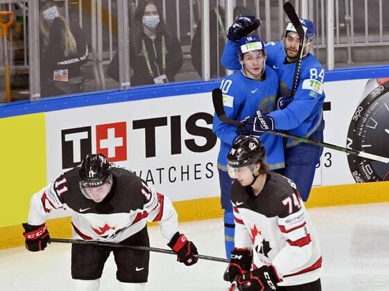 Jaret Anderson-Dolan (front L) and Nicolas Beaudin of Canada react while Nikita Mikhailis (back L) and Kirill Savitski of Kazakhstan celebrate the team s first goal during the 2021 IIHF Men s Ice hockey, Eishockey World Championships preliminary round group B match between Kazakhstan and Canada in Riga, Latvia, on May 28, 2021. Riika, Riga Latvia LKFTJK20210528171028UMAZ  Copyright: xJussixNukarix