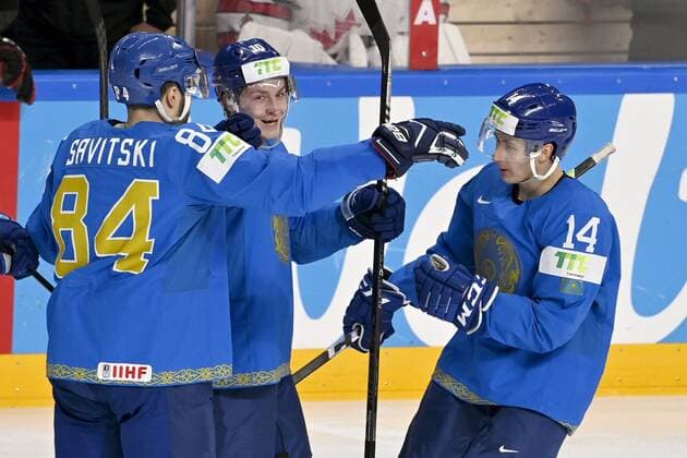 Kirill Savitski (L), Nikita Mikhailis and Curtis Valk of Kazakhstan celebrate the team s second goal during the 2021 IIHF Men s Ice hockey, Eishockey World Championships preliminary round group B match between Kazakhstan and Canada in Riga, Latvia, on May 28, 2021. Riika, Riga Latvia LKFTJK20210528175400KVMP  Copyright: xJussixNukarix