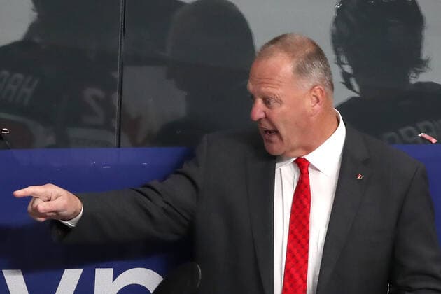 RIGA, LATVIA â€“ MAY 28, 2021: Canada s head coach Gerard Gallant gestures in their 2021 IIHF Ice hockey, Eishockey World Championship, WM, Weltmeisterschaft Preliminary Round Group B match against Kazakhstan, at the Arena Riga. Natalia Fedosenko TASS  TS101EFD