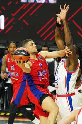 COLOGNE, GERMANY â€“ MAY 28, 2021: CSKA Moscowâ€™s Gabriel Iffe Lundberg (C) and Anadolu Efes Istanbulâ€™s in the 2020-21 Euroleague Final Four Semifinal B basketball match between CSKA Moscow and Anadolu Efes Istanbul at Lanxess Arena. Tatyana Makeyeva TASS  TS101F31