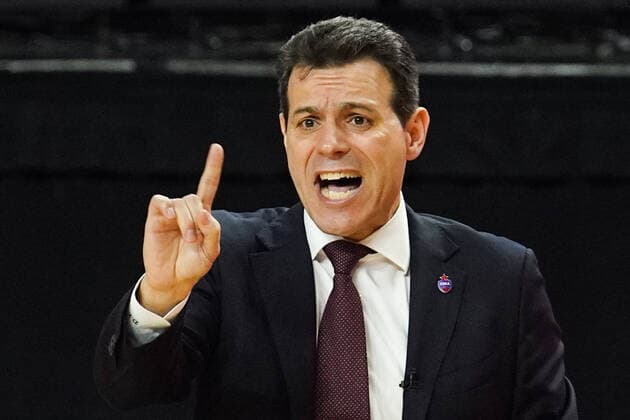 COLOGNE, GERMANY â€“ MAY 28, 2021: CSKA Moscowâ€™s head coach Dimitrios Itoudis shouts instructions during the 2020-21 Euroleague Final Four Semifinal B basketball match between CSKA Moscow and Anadolu Efes Istanbul at Lanxess Arena. Tatyana Makeyeva TASS  TS101F60