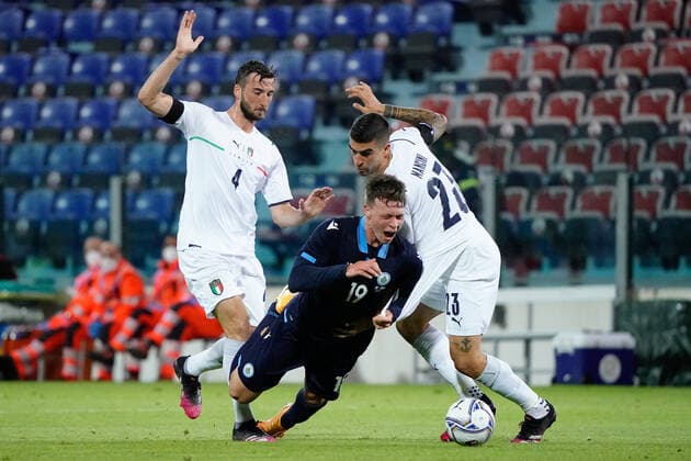 Photo Alessandro Tocco - LaPresse May 28, 2021 Cagliari - Sardinia - Italy soccer Italia vs San Marino - Friendly match - Sardegna Arena Stadium in Cagliari In the pic:Gianluca Mancini (Italia)Bryan Cristante (Italia)Nicola Nanni(San Marino)  Copyright: xAlessandroxTocco LaPressex