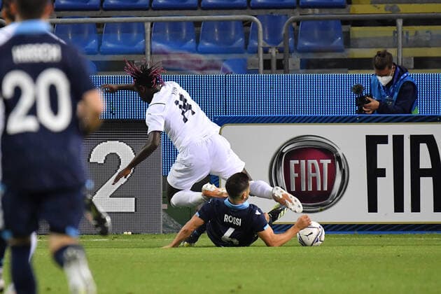 Manuel Battistini of San Marino, Moise Kean of Italy during Friendly match - Italy vs San Marino, friendly football match in Cagliari, Italy, May 28 2021  Copyright: xLiveMedia LuigixCanux xIPAx xLiveMediax 0