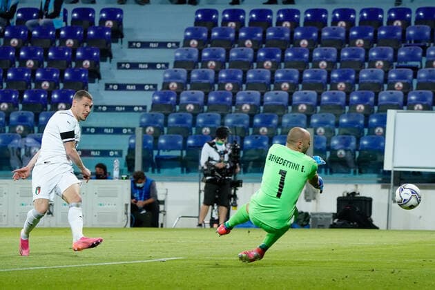 Photo Alessandro Tocco - LaPresse May 28, 2021 Cagliari - Sardinia - Italy soccer Italia vs San Marino - Friendly match - Sardegna Arena Stadium in Cagliari In the pic:Andrea Belotti (Italia)goal  Copyright: xAlessandroxTocco LaPressex