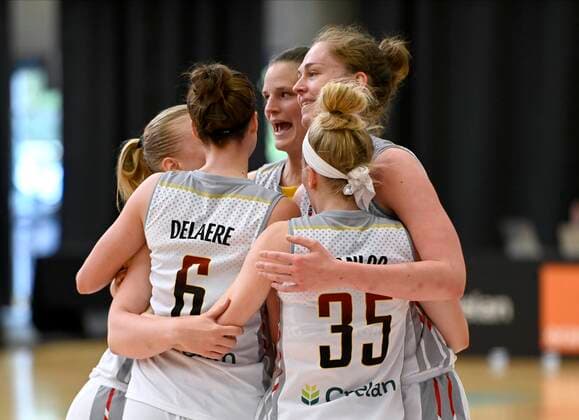 KORTRIJK, BELGIUM - MAY 28: Jubilation of Meesseman Emma of Belgium and teammates after victory during friendly match belgium v Serbia prior to Euro Basket Women 2021 on may 28, 2021 in Kortrijk, Belgium, 28 05 2021 BASKET BALL : Amical - Belgique Vs Serbie - 28 05 2021 Photonews Panoramic 