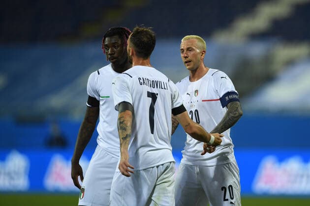 Federico Bernardeschi (Italy)Moise Kean (Italy)Gaetano Castrovilli (Italy) celebrates after scoring his team s first goal during the Uefa European Championship, EM, Europameisterschaft 2020 Friendly match between Italy 7-0 San Marino at Sardegna Arena on May 28, 2021 in Cagliari, Italy. Noxthirdxpartyxsales  (161403777)