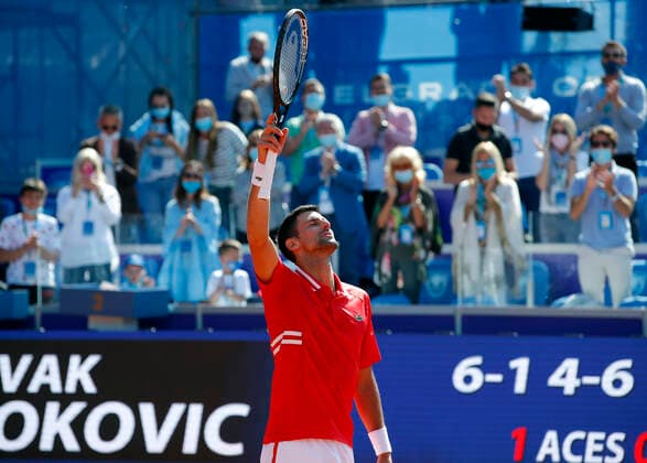 (210529) -- BELGRADE, May 29, 2021 -- Serbia s Novak Djokovic celebrates after his ATP, Tennis Herren 250 Belgrade Open semi-final singles tennis match against Slovakia s Andrej Martin in Belgrade, Serbia on May 28, 2021. (Photo by Xinhua) (SP)SERBIA-BELGRADE-TENNIS-DJOKOVIC-MARTIN PredragxMilosavljevic 