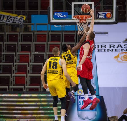 Yorman Polas Bartolo MHP Riesen Ludwigsburg, 13 , Leon Radosevic FC Bayern, 43 , MHP Riesen Ludwigsburg vs FC Bayern Basketball, Basketball, Bundesliga, Playoffs, Semifinals, Game 1, easycredit BBL, 29 05 2021, MHP Riesen Ludwigsburg vs FC Bayern Basketball, Basketball, Bundesliga, Playoffs, Semifinals, Game 1, easycredit BBL, 29 05 2021 Ludwigsburg Copyright: xEibner-Pressefoto SaschaxWaltherx EP_EER