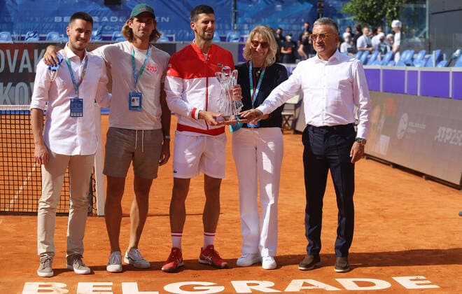 29.05.2021 Belgrade(Serbia) ATP, Tennis Herren Belgrade Open men s tennis singles final Novak Djokovic(3L) winner of the tournament between brothers Djordje and Marko Djokovic and their parents Dijana Djokovic,Srdjan Djokovic :Str