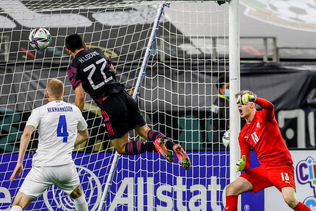 ARLINGTON, TX - MAY 29: Mexico mid-fielder Uriel Antuna (27) heads the ball into the net for a goal during the game between Mexico and Iceland on May 29, 2021 at AT&T Stadium in Arlington, Texas. (Photo by Matthew Pearce Icon Sportswire) SOCCER: MAY 29 Mexico v Iceland Icon1692105292470