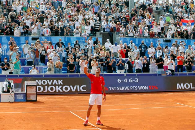 (210530) -- BELGRADE, May 30, 2021 -- Serbia s Novak Djokovic celebrates after the ATP, Tennis Herren 250 Belgrade Open singles final between Serbia s Novak Djokovic and Slovakia s Alex Molcan in Belgrade, Serbia on May 29, 2021. (Photo by Xinhua) (SP)SERBIA-BELGRADE-TENNIS-ATP BELGRADE OPEN-FINAL PredragxMilosavljevic 