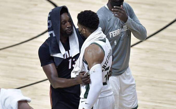 May 29, 2021: Miami Heat s Bam Adebayo talks to Milwaukee Bucks Giannis Antetokounmpo after Game 4 that ended the Heat season on Saturday. - ZUMAm67_ 0119689718st Copyright: xMichaelxLaughlinx