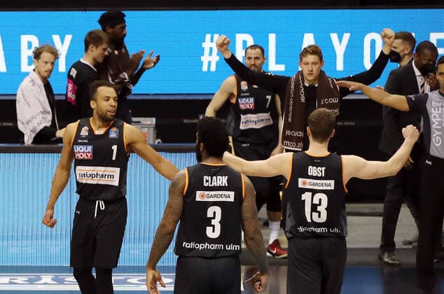 Demetrius Conger, Cameron Clark, Andreas Obst jubilant joy emotion jubilation after end of game sports basketball play off semifinal BBL Bundesliga men season 2020 2021 30 05 2021 ALBA Berlin vs ratiopharm Ulm