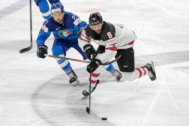 May 30, 2021, Riga, Latvia: Riga, Latvia, Arena Riga, May 30, 2021, Foudy (Canada) ..Bardaro (Italy) during World Championship, WM, Weltmeisterschaft 2021 - Italy vs Canada - Ice hockey, Eishockey Ice Hockey - World Championship 2021 - Italy vs Canada, riga, Latvia - ZUMAl164 20210530_zsa_l164_053 Copyright: xAndreaxRex