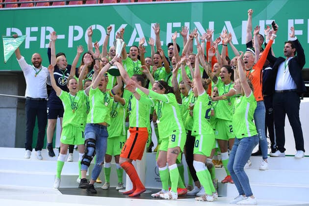 Football DFB Cup Womens Final Eintracht Frankfurt VfL Wolfsburg on 30 05 2021 at RheinEnergieStadion in Cologne German Womens Cup Winner 2021 VfL Wolfburg DFB regulations prohibit any use of photographs as image sequences and or quasi video xRx