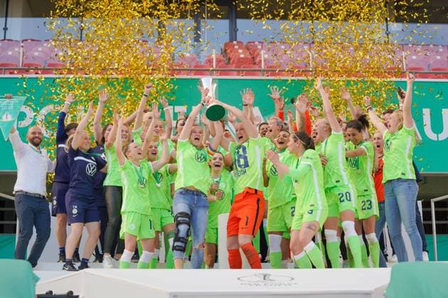 Cologne, Germany, May 30th 2021: Vfl Wolfsburg celebrates their winning of the DFB Pokal at the DFB Women Cup Final match between Eintracht Frankfurt and VfL Wolfsburg at RheinEnergieSTADION in Cologne, Germany. DFB Women Cup Final - Eintracht Frankfurt v VfL Wolfsburg 
