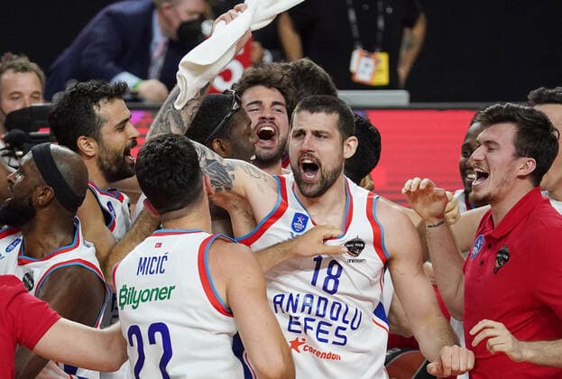 COLOGNE, GERMANY - MAY 30, 2021: Players of Anadolu Efes Istanbul celebrate their victory in the 2020 21 Euroleague Final Four championship game against FC Barcelona, Barca at Lanxess Arena. Tatyana Makeyeva TASS  TS1022C1