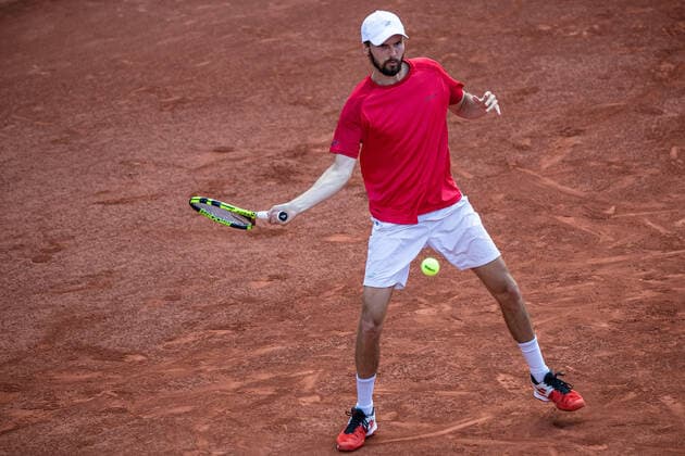 (210531) -- PARIS, May 31, 2021 -- Oscar Otte of Germany hits a return during the men s singles first round match against Alexander Zverev of Germany at the French Open tennis tournament at Roland Garros in Paris, France, May 30, 2021. (Photo by Xinhua) (SP)FRANCE-PARIS-TENNIS-ROLAND GARROS-FRENCH OPEN-MEN S SINGLES AurelienxMorissard 