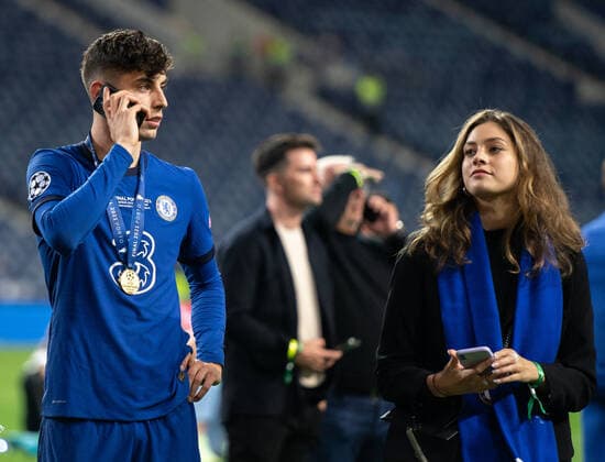 Kai Havertz of Chelsea celebrates with girlfriend Sophia Weber following the UEFA Champions League Final match between Manchester City and Chelsea at The Est?dio do Drag?o, Porto, Portugal on 29 May 2021. Copyright: xAndyxRowlandx PMI-4238-0308