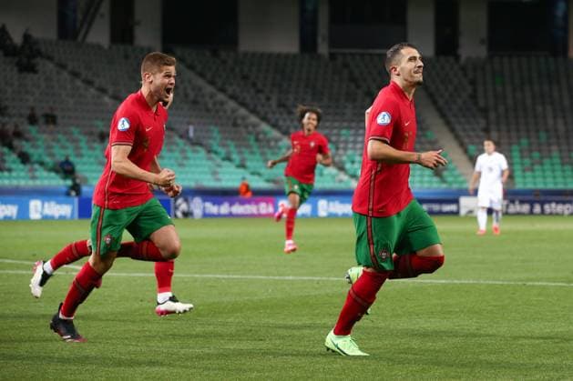 Ljubljana, Slovenia, 31st May 2021. Dany Mota of Portugal celebrates with team mates after scoring to give the side a 1-0 lead during the UEFA U21, U 21 Championships 2021 match at Stadion Stoczicw, Ljubljana. Picture credit should read: Jonathan Moscrop Sportimage EDITORIAL USE ONLY. No use with unauthorised audio, video, data, fixture lists, club league logos or live services. Online in-match use limited to 120 images, no video emulation. No use in betting, games or single club league player publications. SPI-1070-0003