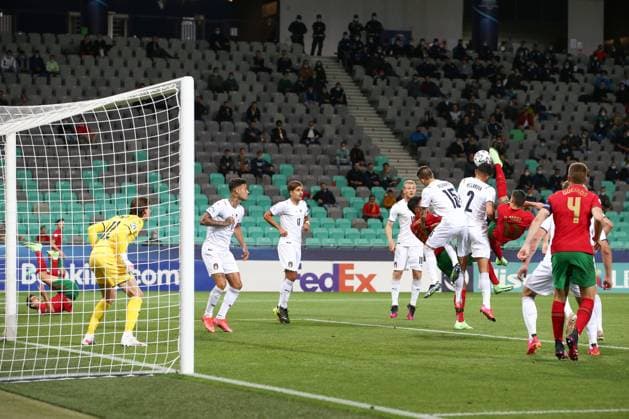 Fußball, U21 EM Viertelfinale, Portugal - Italien Ljubljana, Slovenia, 31st May 2021. Dany Mota of Portugal scores with a spectacular overhead kick to give the side a 1-0 lead during the UEFA U21, U 21 Championships 2021 match at Stadion Stoczicw, Ljubljana. Picture credit should read: Jonathan Moscrop Sportimage EDITORIAL USE ONLY. No use with unauthorised audio, video, data, fixture lists, club league logos or live services. Online in-match use limited to 120 images, no video emulation. No use in betting, games or single club league player publications. SPI-1070-0005