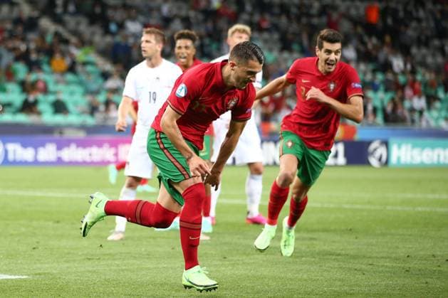 Ljubljana, Slovenia, 31st May 2021. Dany Mota of Portugal celebrates with team mates after scoring to give the side a 2-0 lead during the UEFA U21, U 21 Championships 2021 match at Stadion Stoczicw, Ljubljana. Picture credit should read: Jonathan Moscrop Sportimage EDITORIAL USE ONLY. No use with unauthorised audio, video, data, fixture lists, club league logos or live services. Online in-match use limited to 120 images, no video emulation. No use in betting, games or single club league player publications. SPI-1070-0008