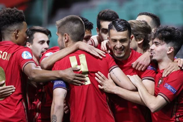 Ljubljana, Slovenia, 31st May 2021. Dany Mota of Portugal celebrates with team mates after scoring to give the side a 1-0 lead during the UEFA U21, U 21 Championships 2021 match at Stadion Stoczicw, Ljubljana. Picture credit should read: Jonathan Moscrop Sportimage EDITORIAL USE ONLY. No use with unauthorised audio, video, data, fixture lists, club league logos or live services. Online in-match use limited to 120 images, no video emulation. No use in betting, games or single club league player publications. SPI-1070-0009