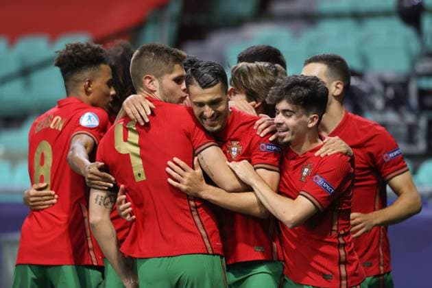 Ljubljana, Slovenia, 31st May 2021. Dany Mota of Portugal celebrates with team mates after scoring to give the side a 1-0 lead during the UEFA U21, U 21 Championships 2021 match at Stadion Stoczicw, Ljubljana. Picture credit should read: Jonathan Moscrop Sportimage EDITORIAL USE ONLY. No use with unauthorised audio, video, data, fixture lists, club league logos or live services. Online in-match use limited to 120 images, no video emulation. No use in betting, games or single club league player publications. SPI-1070-0011