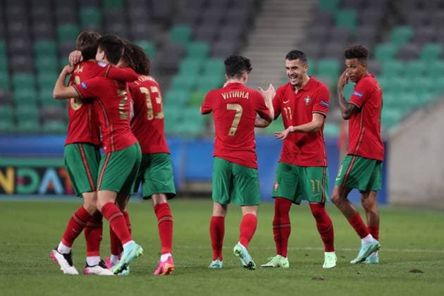 Fußball, U21 EM Viertelfinale, Portugal - Italien Ljubljana, Slovenia, 31st May 2021. Dany Mota of Portugal celebrates with team mates after scoring to give the side a 2-0 lead during the UEFA U21, U 21 Championships 2021 match at Stadion Stoczicw, Ljubljana. Picture credit should read: Jonathan Moscrop Sportimage EDITORIAL USE ONLY. No use with unauthorised audio, video, data, fixture lists, club league logos or live services. Online in-match use limited to 120 images, no video emulation. No use in betting, games or single club league player publications. SPI-1070-0016