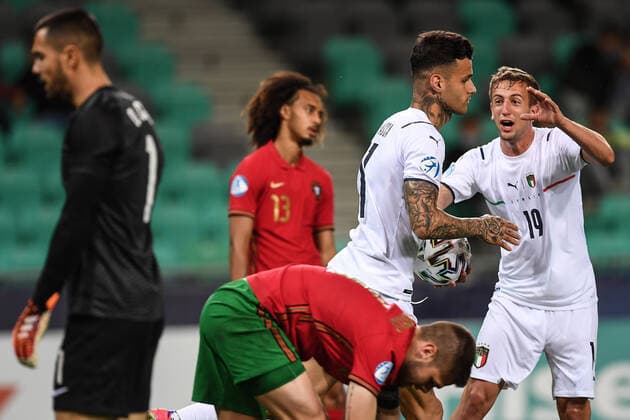 Fußball, U21 EM Viertelfinale, Portugal - Italien Db Lubiana (Slovenia) 31 05 2021 - Europeo Under 21 Slovenia-Ungheria 2021 Portogallo-Italia foto Daniele Buffa Image nella foto: esultanza gol Gianluca Scamacca 