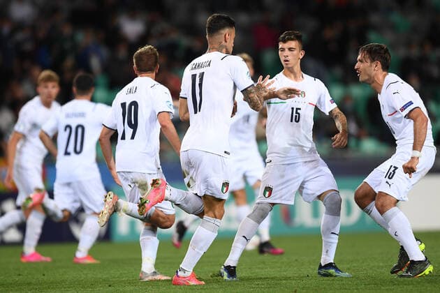 Fußball, U21 EM Viertelfinale, Portugal - Italien Db Lubiana (Slovenia) 31 05 2021 - Europeo Under 21 Slovenia-Ungheria 2021 Portogallo-Italia foto Daniele Buffa Image nella foto: esultanza gol Gianluca Scamacca 