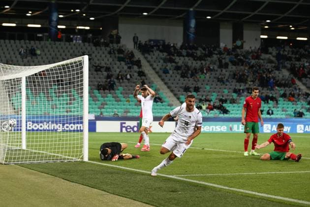 Ljubljana, Slovenia, 31st May 2021. Patrick Cutrone of Italy celebrates after scoring past Diogo Costa of Portugal and level the game at 3-3 during the UEFA U21, U 21 Championships 2021 match at Stadion Stoczicw, Ljubljana. Picture credit should read: Jonathan Moscrop Sportimage EDITORIAL USE ONLY. No use with unauthorised audio, video, data, fixture lists, club league logos or live services. Online in-match use limited to 120 images, no video emulation. No use in betting, games or single club league player publications. SPI-1070-0025