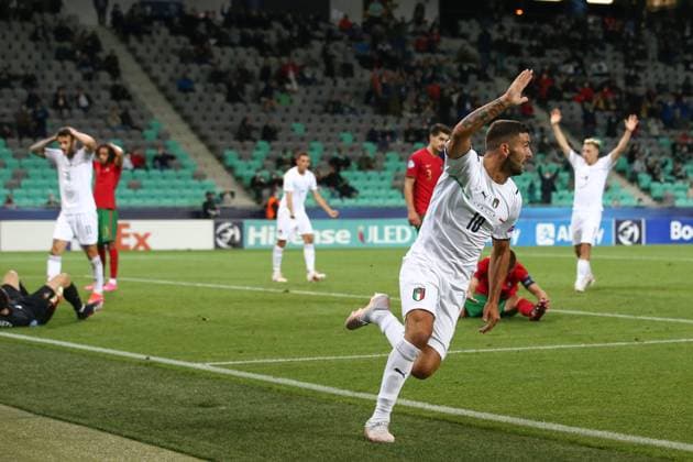 Ljubljana, Slovenia, 31st May 2021. Patrick Cutrone of Italy celebrates after scoring past Diogo Costa of Portugal and level the game at 3-3 during the UEFA U21, U 21 Championships 2021 match at Stadion Stoczicw, Ljubljana. Picture credit should read: Jonathan Moscrop Sportimage EDITORIAL USE ONLY. No use with unauthorised audio, video, data, fixture lists, club league logos or live services. Online in-match use limited to 120 images, no video emulation. No use in betting, games or single club league player publications. SPI-1070-0026