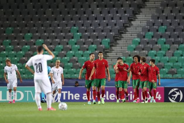 Ljubljana, Slovenia, 31st May 2021. Jota of Portugal celebrates with team mates after scoring to give the side a 4-3 lead during the UEFA U21, U 21 Championships 2021 match at Stadion Stoczicw, Ljubljana. Picture credit should read: Jonathan Moscrop Sportimage EDITORIAL USE ONLY. No use with unauthorised audio, video, data, fixture lists, club league logos or live services. Online in-match use limited to 120 images, no video emulation. No use in betting, games or single club league player publications. SPI-1070-0047