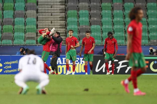 Ljubljana, Slovenia, 31st May 2021. Francisco Conceicao of Portugal celebrates with tea mates after scoring to give the side a 5-3 lead in extra time of the UEFA U21, U 21 Championships 2021 match at Stadion Stoczicw, Ljubljana. Picture credit should read: Jonathan Moscrop Sportimage EDITORIAL USE ONLY. No use with unauthorised audio, video, data, fixture lists, club league logos or live services. Online in-match use limited to 120 images, no video emulation. No use in betting, games or single club league player publications. SPI-1070-0063