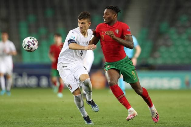 Ljubljana, Slovenia, 31st May 2021. Enrico Del Prato of Italy shields the ball from Rafael Leao of Portugal during the UEFA U21, U 21 Championships 2021 match at Stadion Stoczicw, Ljubljana. Picture credit should read: Jonathan Moscrop Sportimage EDITORIAL USE ONLY. No use with unauthorised audio, video, data, fixture lists, club league logos or live services. Online in-match use limited to 120 images, no video emulation. No use in betting, games or single club league player publications. SPI-1070-0064
