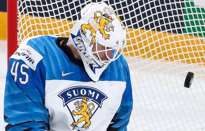 RIGA, LATVIA â€“ JUNE 1, 2021: Finland s goaltender Juho Olkinuora concedes a goal in their 2021 IIHF World Championship, WM, Weltmeisterschaft Group B Ice hockey, Eishockey match against Canada at Arena Riga. Natalia Fedosenko TASS  TS102537
