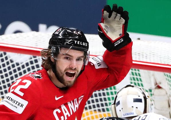 RIGA, LATVIA â€“ JUNE 1, 2021: Canada s Brandon Hagel celebrates a goal scored against Finland in their 2021 IIHF World Championship, WM, Weltmeisterschaft Group B Ice hockey, Eishockey match at Arena Riga. Natalia Fedosenko TASS  TS10253A