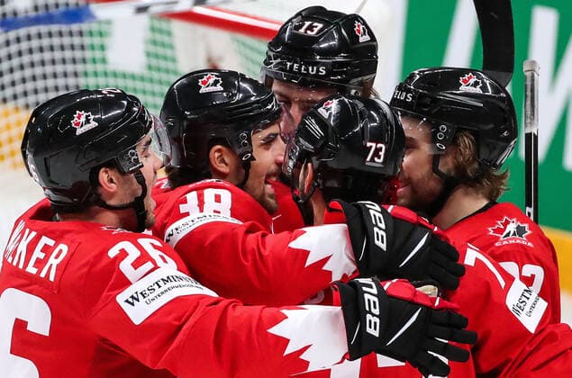 RIGA, LATVIA â€“ JUNE 1, 2021: Canadian players celebrate a goal scored against Finland in their 2021 IIHF World Championship, WM, Weltmeisterschaft Group B Ice hockey, Eishockey match at Arena Riga. Natalia Fedosenko TASS  TS10253B