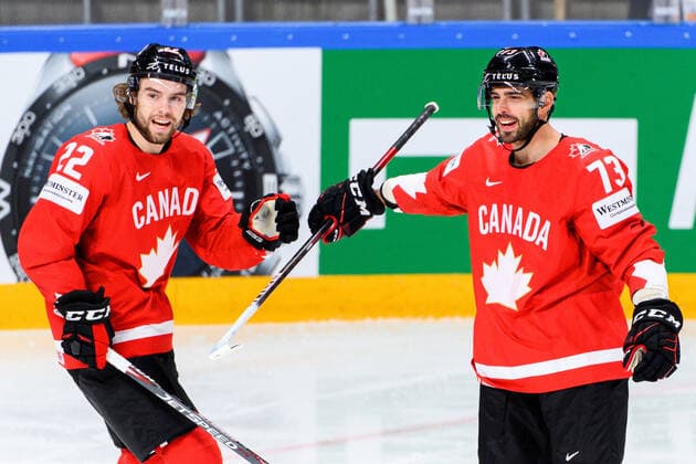 210601 Brandon Hagel and Brandon Pirri of Canada celebrate the 1 0 goal during the 2021 IIHF Ice Hockey World Championship game between Canada and Finland on June 1, 2021 in Riga Photo Simon Hastegard BILDBYRAN kod SH SH0128 ishockey ice hockey ishockey vm iihf ice hockey world championship canada kanada finland day 12 bbeng jubel,  Copyright: SIMONxHASTEGARD BB210601SH004