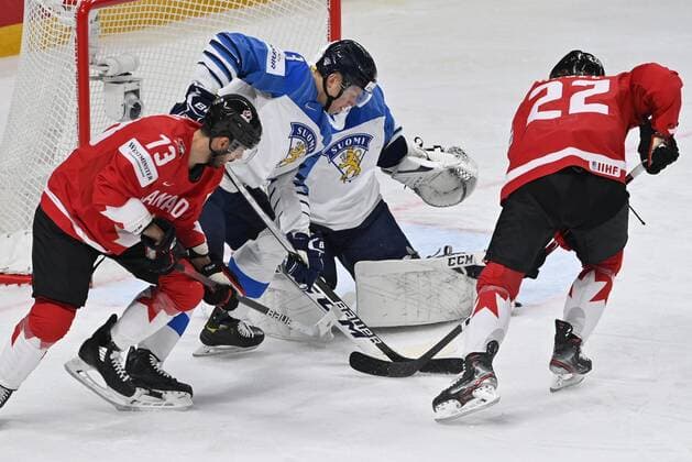 Canada s Brandon Hagel (r) and Brandon Pirri (l) scores 1-0 goal past goalkeeper Jussi Olkinuora and Olli Määtä of Finland during the 2021 IIHF Ice hockey, Eishockey World Championships preliminary round group B match Finland vs. Canada in Riga, Latvia, on June 01, 2021. Riika, Riga Latvia LKFTJK20210601122311UNGM  Copyright: xJussixNukarix