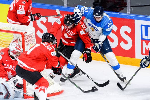 210601 Mario Ferraro of Canada and Saku Mäenalanen of Finland during the 2021 IIHF Ice Hockey World Championship game between Canada and Finland on June 1, 2021 in Riga Photo Simon Hastegard BILDBYRAN kod SH SH0128 ishockey ice hockey ishockey vm iihf ice hockey world championship canada kanada finland day 12 bbeng,  Copyright: SIMONxHASTEGARD BB210601SH006