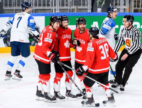 210601 Gabriel Vilardi, Brandon Hagel, Mario Ferraro and Brandon Pirri of Canada celebrate the 1 0 goal during the 2021 IIHF Ice Hockey World Championship game between Canada and Finland on June 1, 2021 in Riga Photo Simon Hastegard BILDBYRAN kod SH SH0128 ishockey ice hockey ishockey vm iihf ice hockey world championship canada kanada finland day 12 bbeng jubel,  Copyright: SIMONxHASTEGARD BB210601SH009