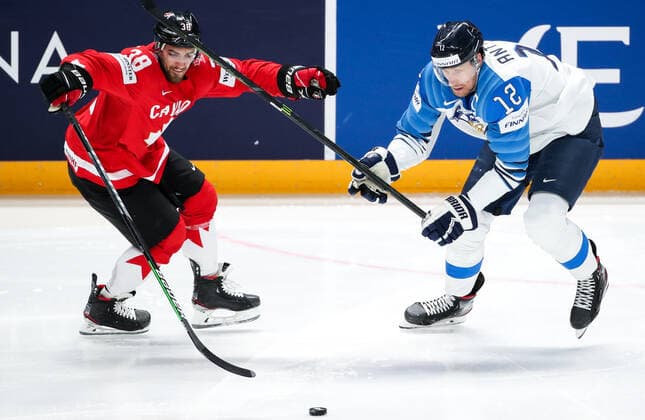 Sport Bilder des Tages RIGA, LATVIA â€“ JUNE 1, 2021: Canada s Mario Ferraro (L) and Finland s Marko Anttila in their 2021 IIHF World Championship, WM, Weltmeisterschaft Group B Ice hockey, Eishockey match at Arena Riga. Natalia Fedosenko TASS  TS10253F