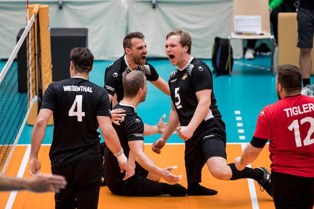 WORLD ParaVolley Mens Final Qualifier Tokyo 2020 Paralympic Games Germany Canada 01 06 2021 Torben Schiewe Germany, 14 and Stefan Haehnlein Germany, 5 cheer WORLD ParaVolley Mens Final Qualifier Tokyo 2020 Paralympic Games Germany Canada Duisburg Sportschule Wedau Copyright: xBEAUTIFULxSPORTS Wunderlx