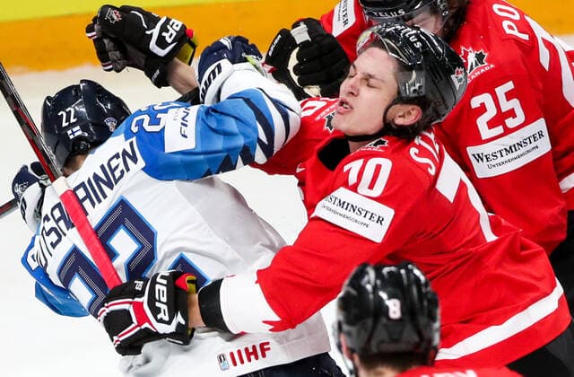 RIGA, LATVIA â€“ JUNE 1, 2021: Finland s Arttu Ruotsalainen (L) and Canada s Troy Stecher in their 2021 IIHF World Championship, WM, Weltmeisterschaft Group B Ice hockey, Eishockey match at Arena Riga. Natalia Fedosenko TASS  TS102567