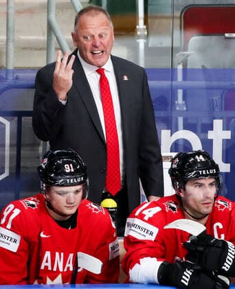 RIGA, LATVIA â€“ JUNE 1, 2021: Gerard Gallant (C), head coach of the Canadian team, attends his team s 2021 IIHF World Championship, WM, Weltmeisterschaft Group B Ice hockey, Eishockey match against Finland at Arena Riga. Natalia Fedosenko TASS  TS10256E