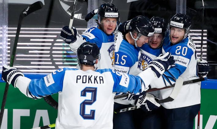RIGA, LATVIA â€“ JUNE 1, 2021: Finnish players celebrate a goal scored against Canada in their 2021 IIHF World Championship, WM, Weltmeisterschaft Group B Ice hockey, Eishockey match at Arena Riga. Natalia Fedosenko TASS  TS10258C