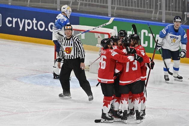 Players of Canada celebrate a goal during the 2021 IIHF Ice hockey, Eishockey World Championship, WM, Weltmeisterschaft Group B match Canada vs Finland, played in Riga, Latvia, on June 1, 2021. (CTKxPhoto VitxSimanek) CTKPhotoP2021060103429  vis